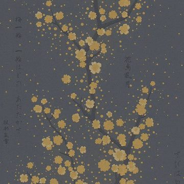 Closeup of a wallpaper showing its Black, Floral, Gold, Nature, Two-tone pattern, color, and texture.