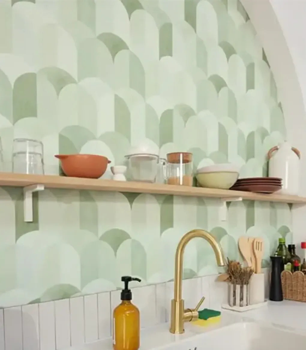Closeup of a wallpaper showing its Art-Deco, Contemporary, Geometric pattern, color, and subtle texture.