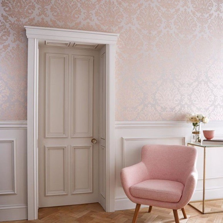 Closeup of a wallpaper showing its Damask, Taupe, Two-tone pattern, color, and subtle texture.
