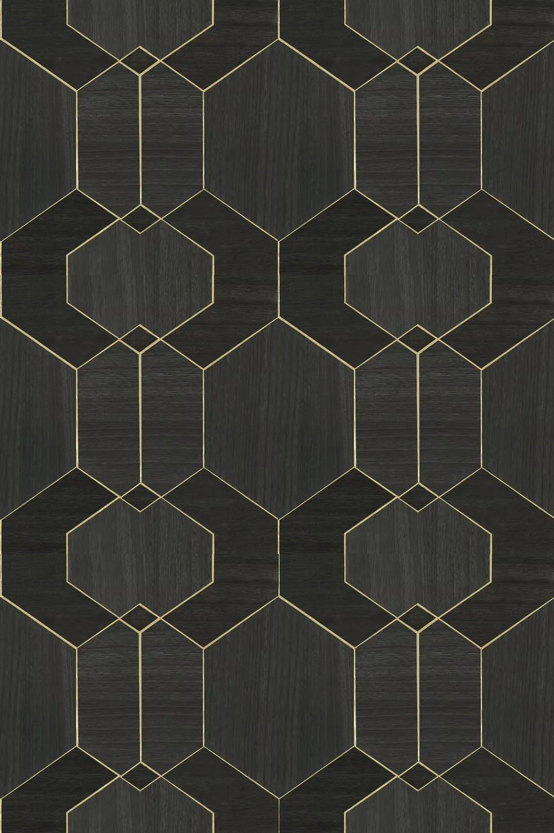 Closeup of a wallpaper showing its Black, Geometric, Wood-veneer pattern, color, and subtle texture.