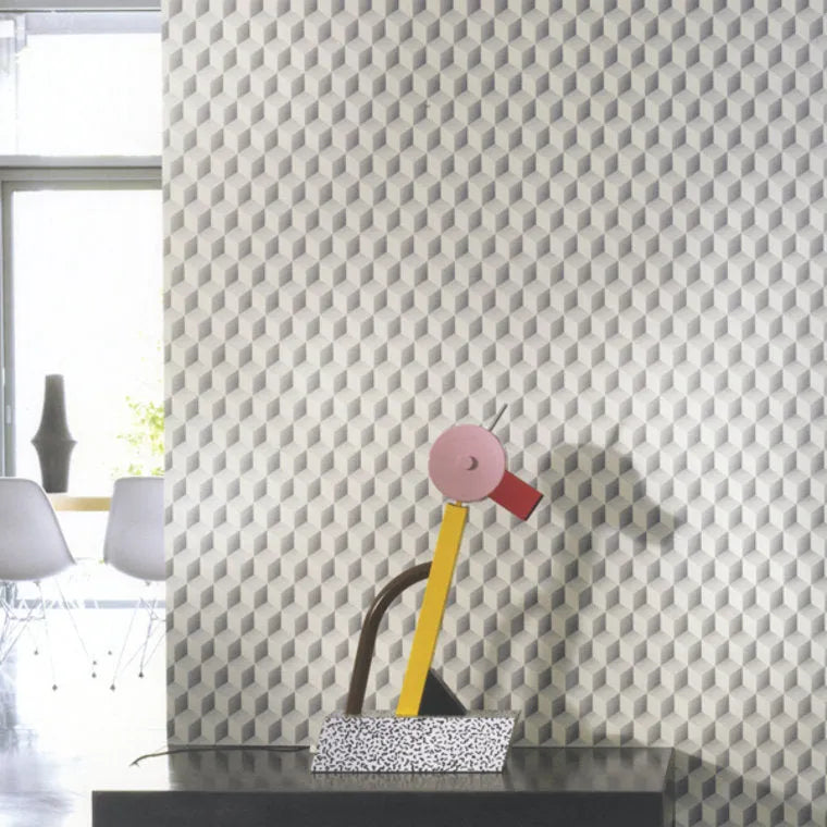 Closeup of a wallpaper showing its Art-Deco, Contemporary, Geometric, Neutrals, Unicolour pattern, color, and subtle texture.