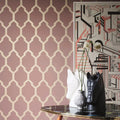 Wallpaper installed in a room showing its full pattern, color