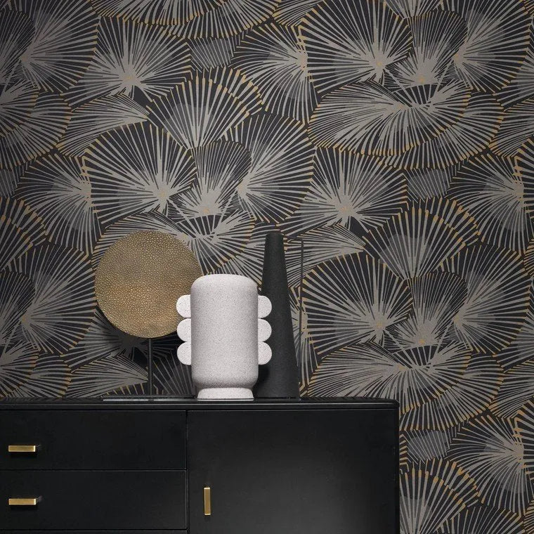Closeup of a wallpaper showing its Contemporary, Dramatic, Floral, Monochrome, Two-tone pattern, color, and subtle texture.