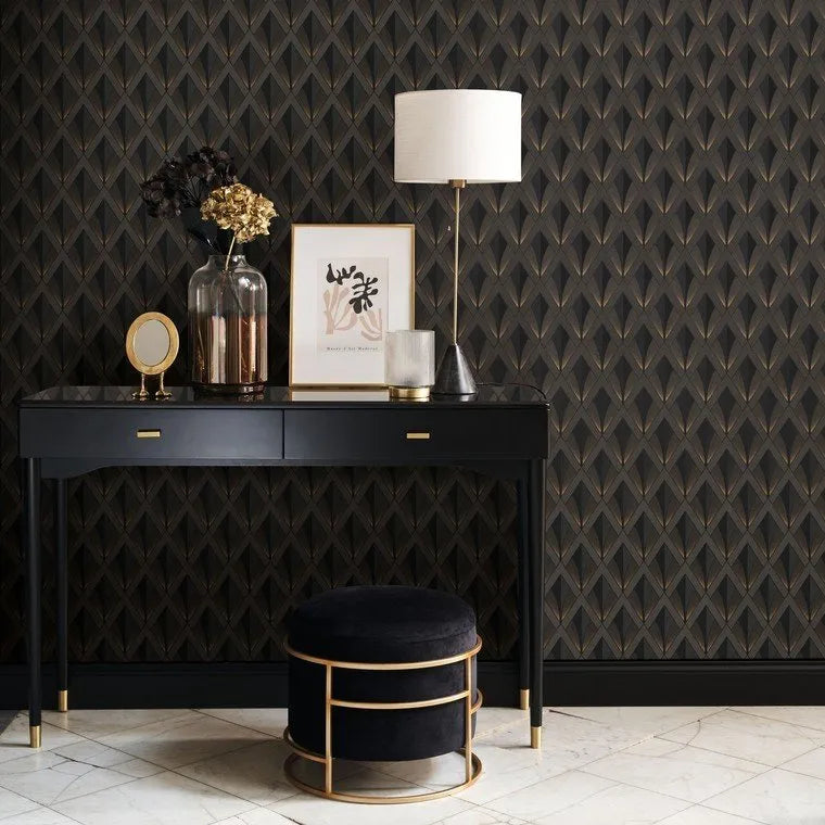 Closeup of a wallpaper showing its Art-Deco, Contemporary, Dramatic, Geometric, Two-tone pattern, color, and subtle texture.