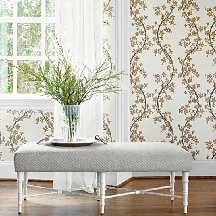 Closeup of a wallpaper showing its Damask, Floral, Two-tone pattern, color, and texture.