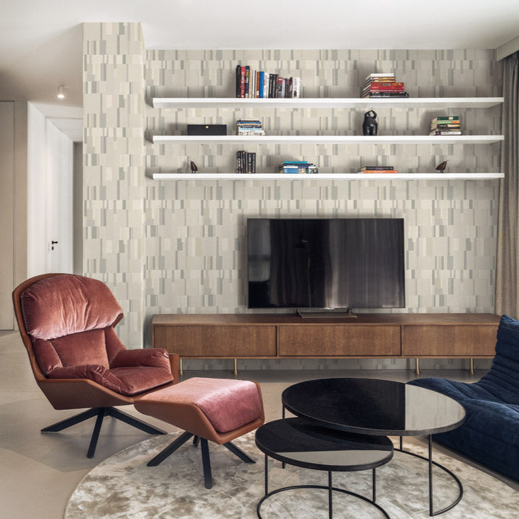 Patterned wallpaper with geometric design in beige, brown, and green tones.