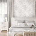 Wallpaper installed in a room showing its full pattern, color