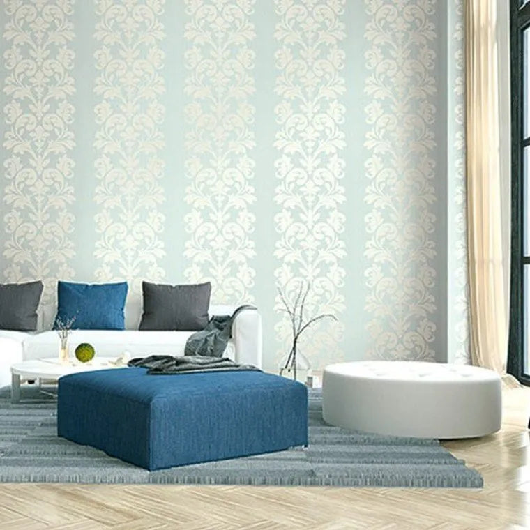 Closeup of a wallpaper showing its Cream, Damask, Neutrals, Two-tone pattern, color, and subtle texture.