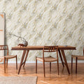 Wallpaper installed in a room showing its full pattern, color